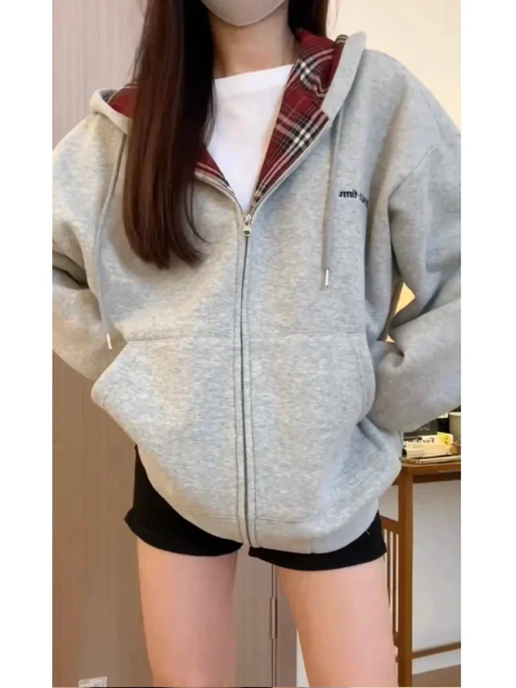 Vintage Zip Hoodie - Harajuku 90s Aesthetic Red Plaid Hoodies